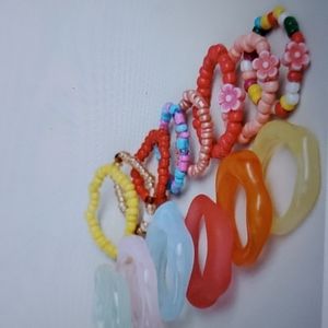 14 pcs Variety Colorful Beaded Rings Set Y2K Cute Flower Acrylic Rings